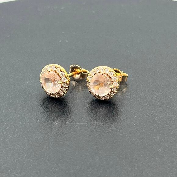 14K Rose Gold Round Prong Blush Morganite and Diamond Halo Stud Earrings - Picture 3 of 11